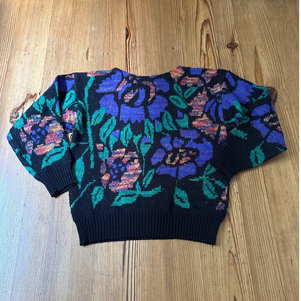 Evian Floral Sweater Women Black Vintage Boho Knit Pullover SIZE M - Picture 5 of 5